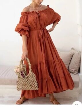 Hazel & Folk Off-Shoulder Tiered Maxi Dress - Rust